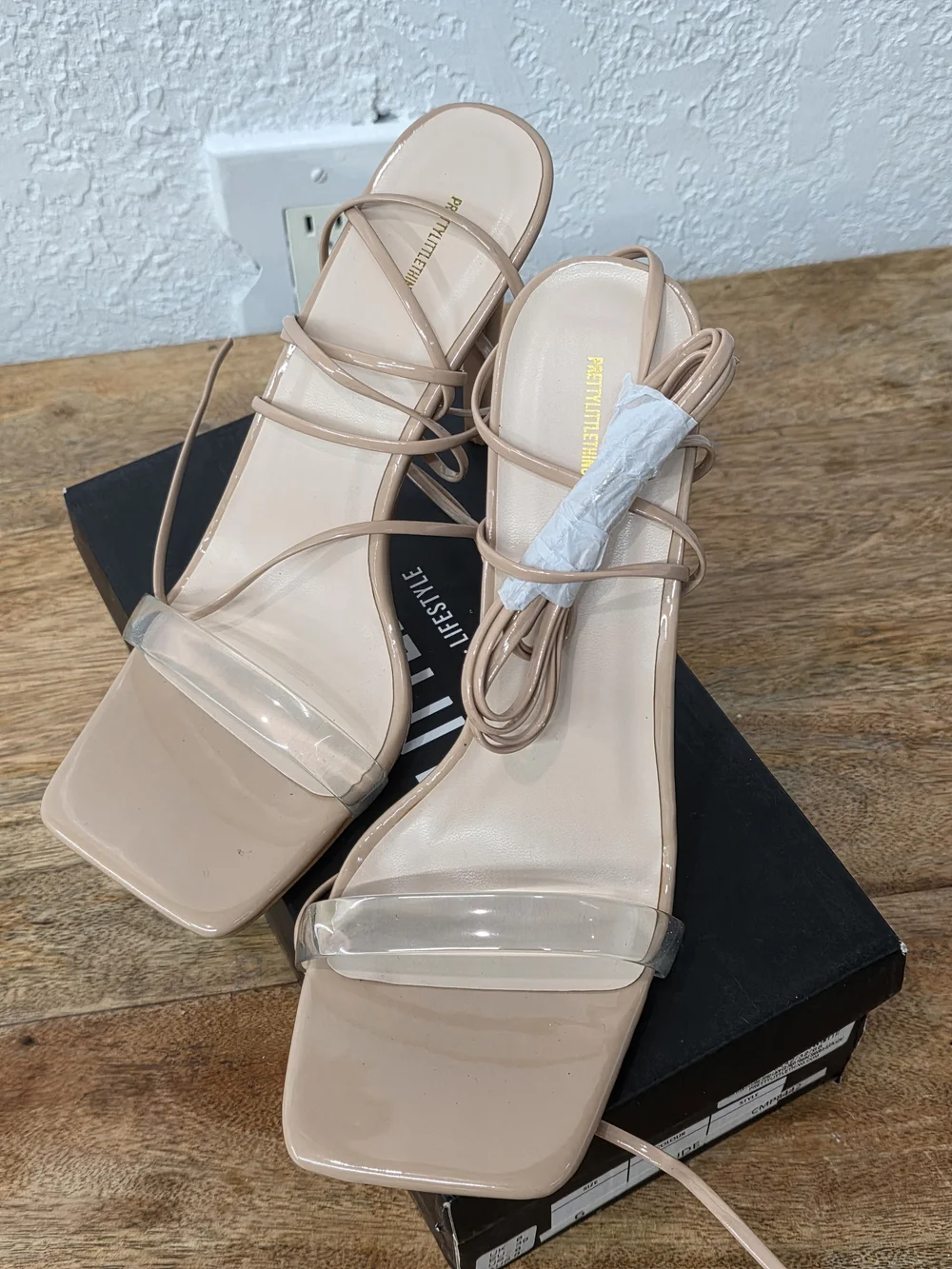 PrettyLittleThing PLT Nude clear strap lace up high heeled sandals